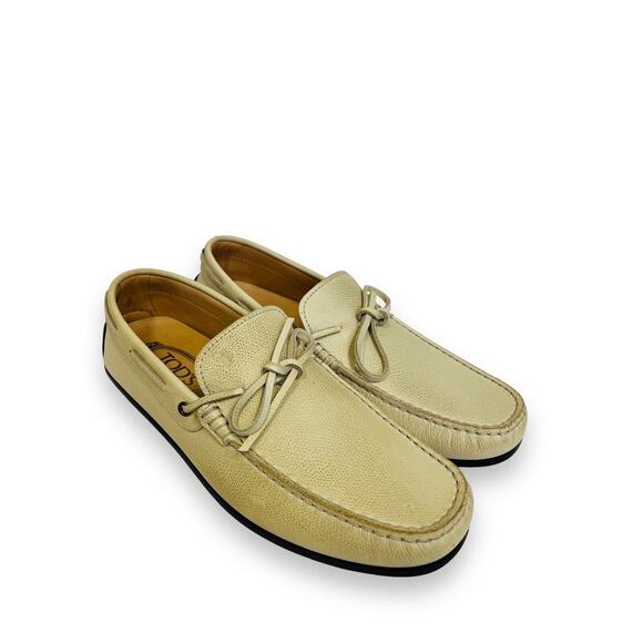 TOD’S Beige Grained Leather Bow Accent Lacetto Gomma Flats Loafers Size 6 - Picture 6 of 12